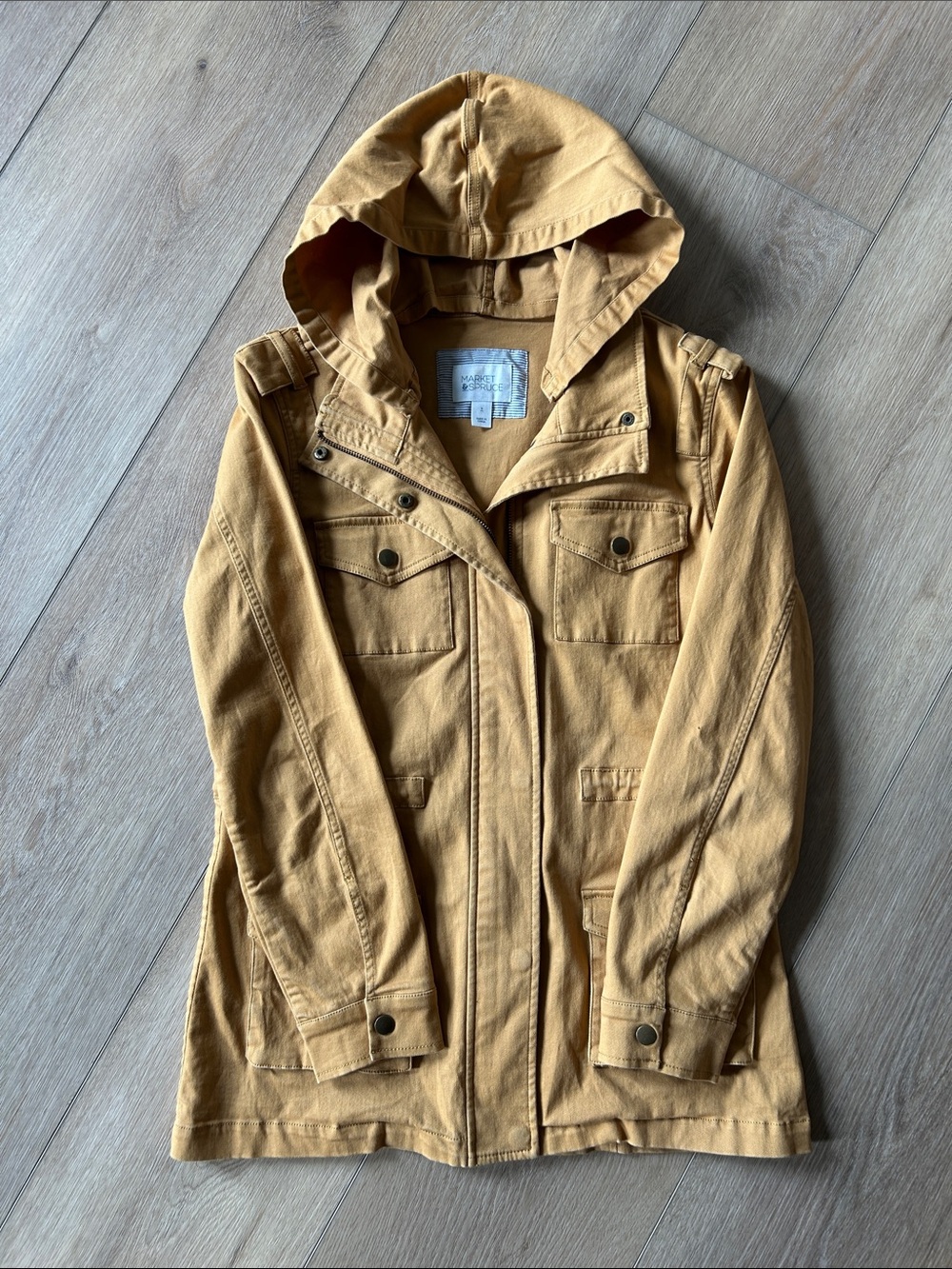 Market & Spruce Hooded Utility Cargo Jacket in Mustard Yellow Removable Hood